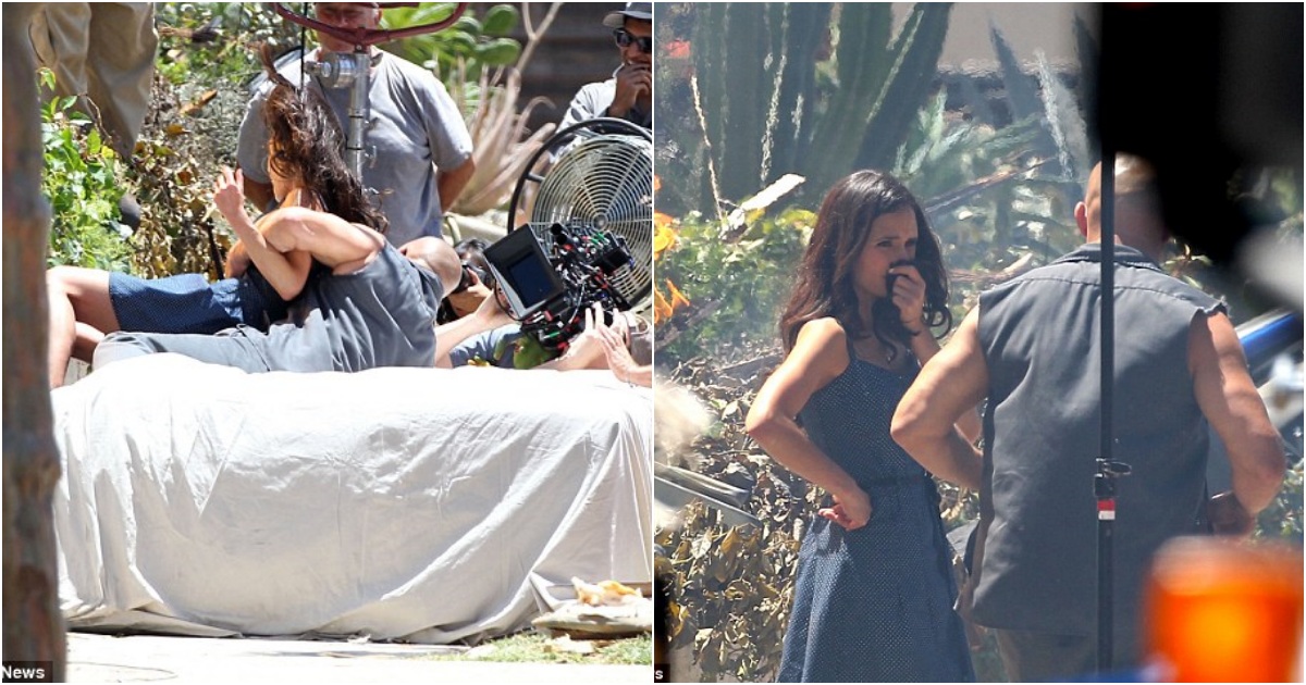 Her hero! Vin Diesel sweeps Jordana Brewster out of harm’s way as they film house explosion scene for Fast & Furious