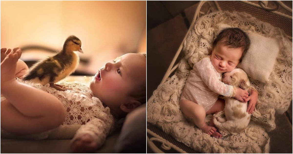 Heartwarming Photos of Newborn Babies Snuggling With Baby Animals