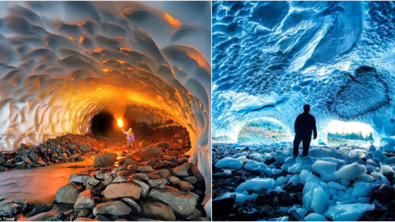 Explore the surreal ice cave in Kamchatka, like a science fiction movie.