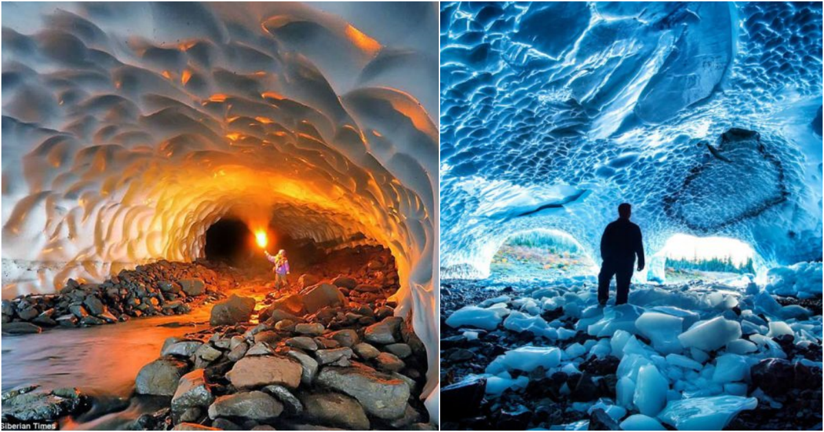 Explore the surreal ice cave in Kamchatka, like a science fiction movie.