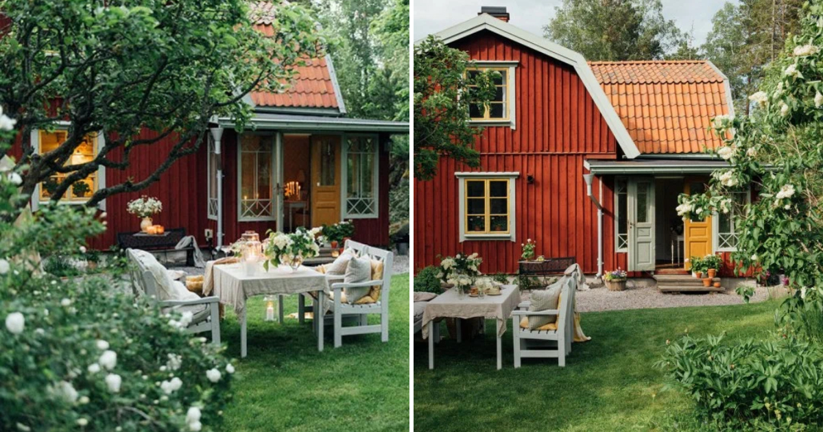 A Cottage with Warm Tones, Cozy Outdoor Table, and Elegant Minimalism