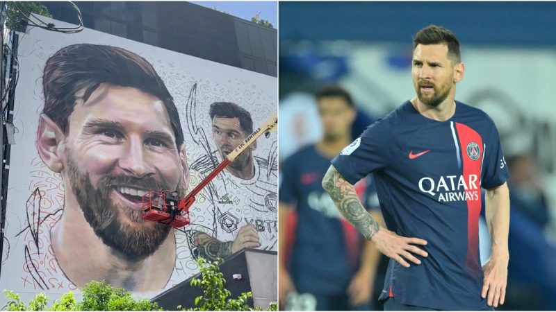 David Beckham was filmed by his wife Victoria painting a HUGE mural of Lionel Messi