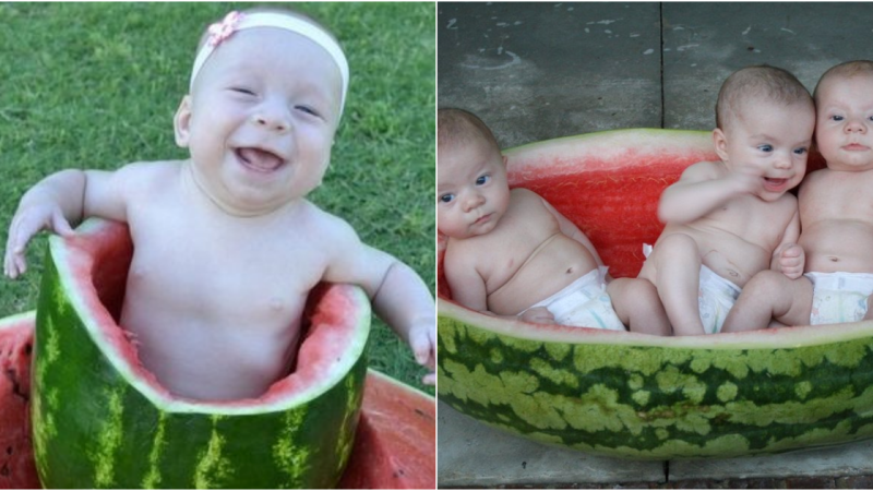 Captured Innocence: Triplet Babies’ Magical Moments Inside Giant Watermelons